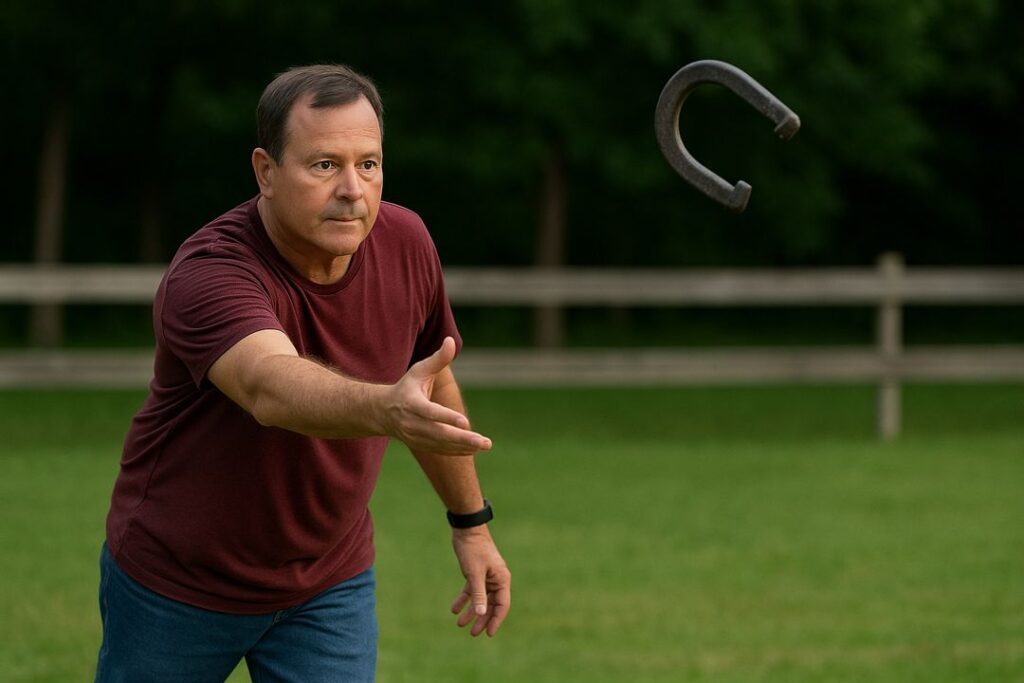 American man mid-throw during a backyard horseshoe practice session, focused on improving accuracy.