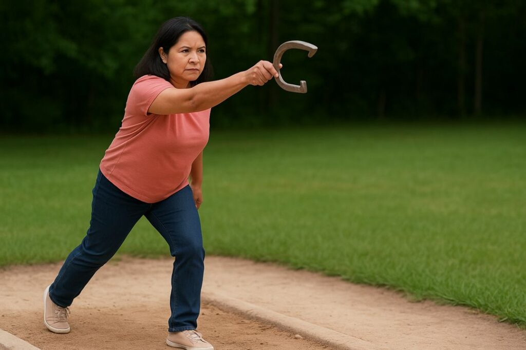 An Asian woman mid-throw in a backyard horseshoe game, focused on her aim with the horseshoe in flight toward the stake.