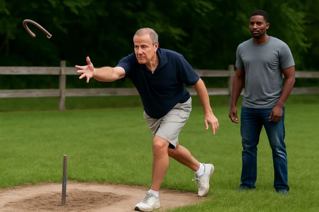 A man mid-throw during a relaxed backyard horseshoe game with another player nearby watching the pitch.
