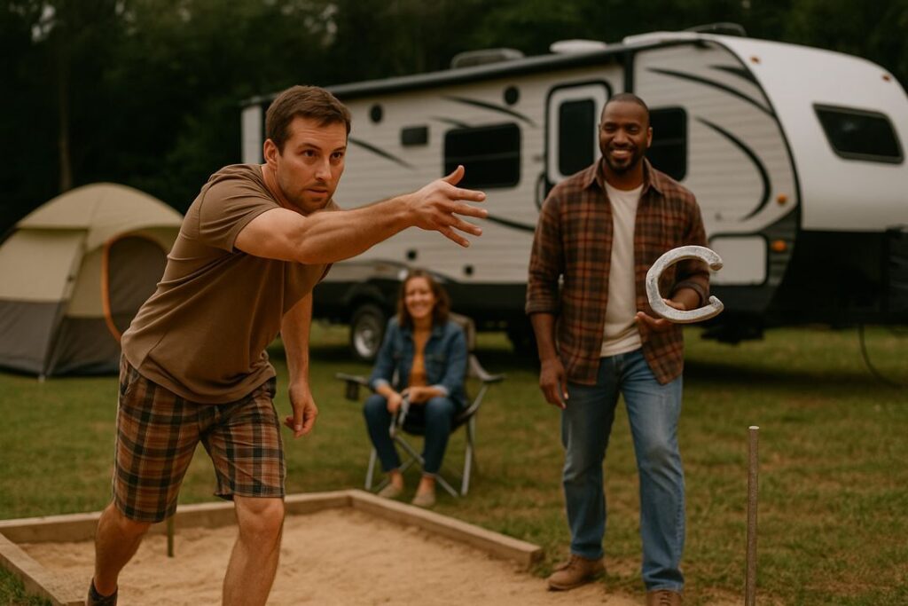 A camper releasing a horseshoe toward the stake with an RV and tents in the background, showing focus and motion.