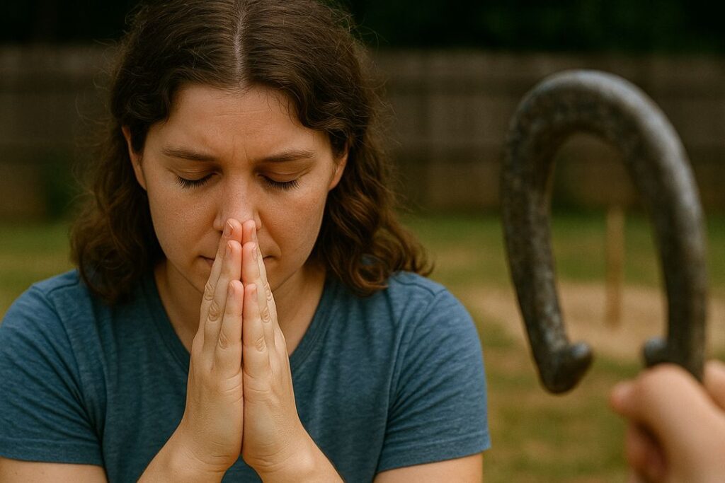 A woman standing quietly with hands clasped near a horseshoe pit, showing pre-pitch ritual and concentration.