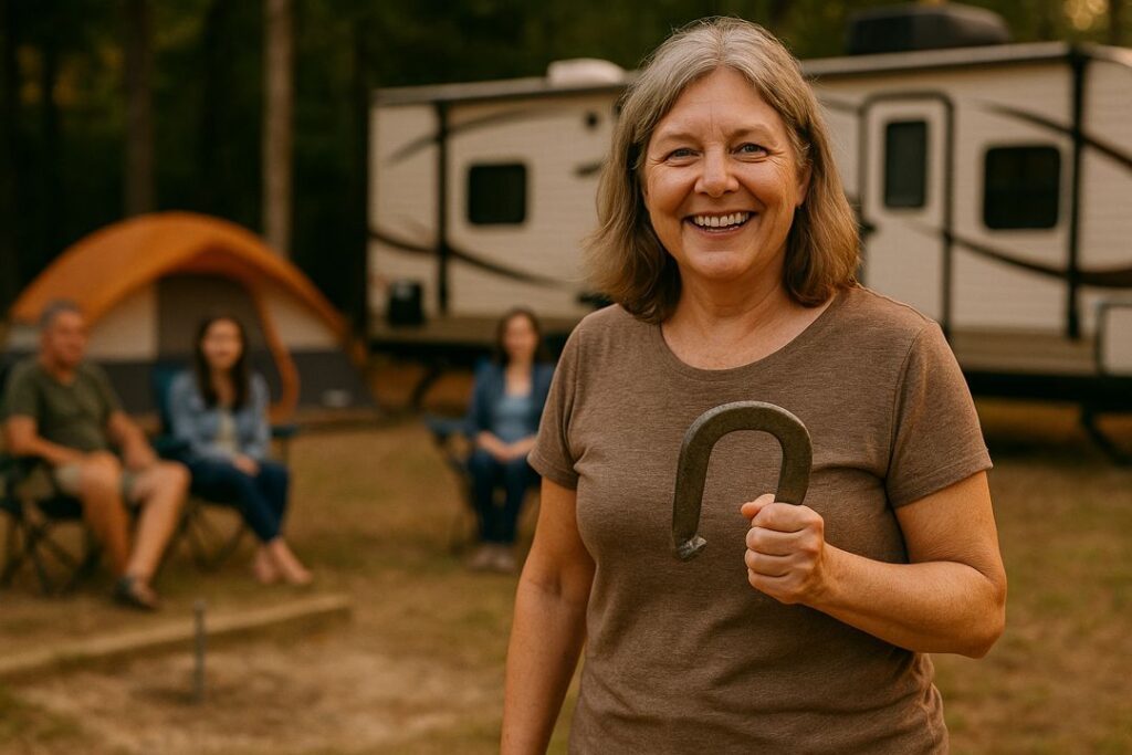 A family smiling and cheering as a horseshoe lands near the stake at a campground surrounded by RVs and trees.