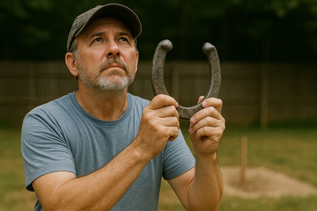 A player holding up a horseshoe for luck before a throw, reflecting superstitions and belief in ritual preparation.