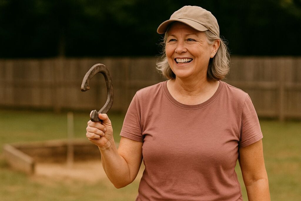 An older woman smiling near the pit holding her horseshoe after a good throw, representing satisfaction and success.