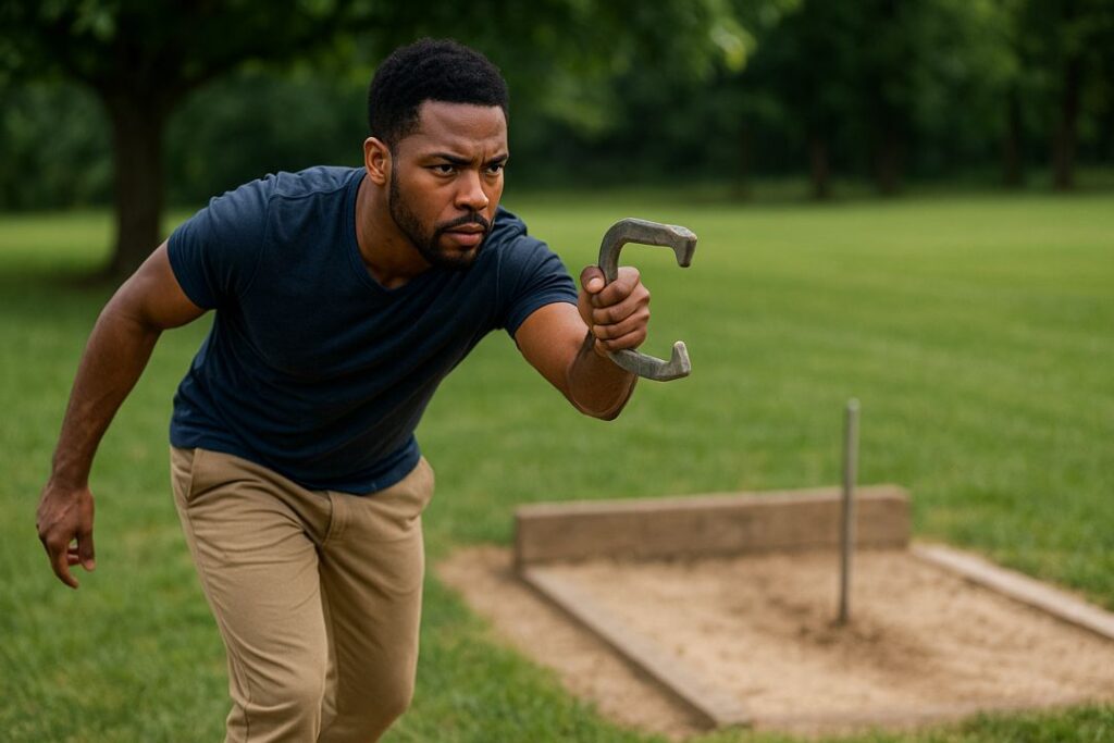 An African American man in his 40s mid-throw at a backyard horseshoe pit, concentrating during solo practice drills.
