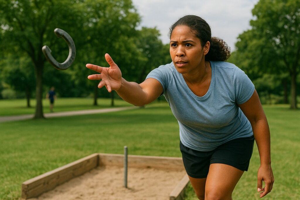 An African American woman mid-throw at a horseshoe pit, practicing accuracy and form with a determined look.