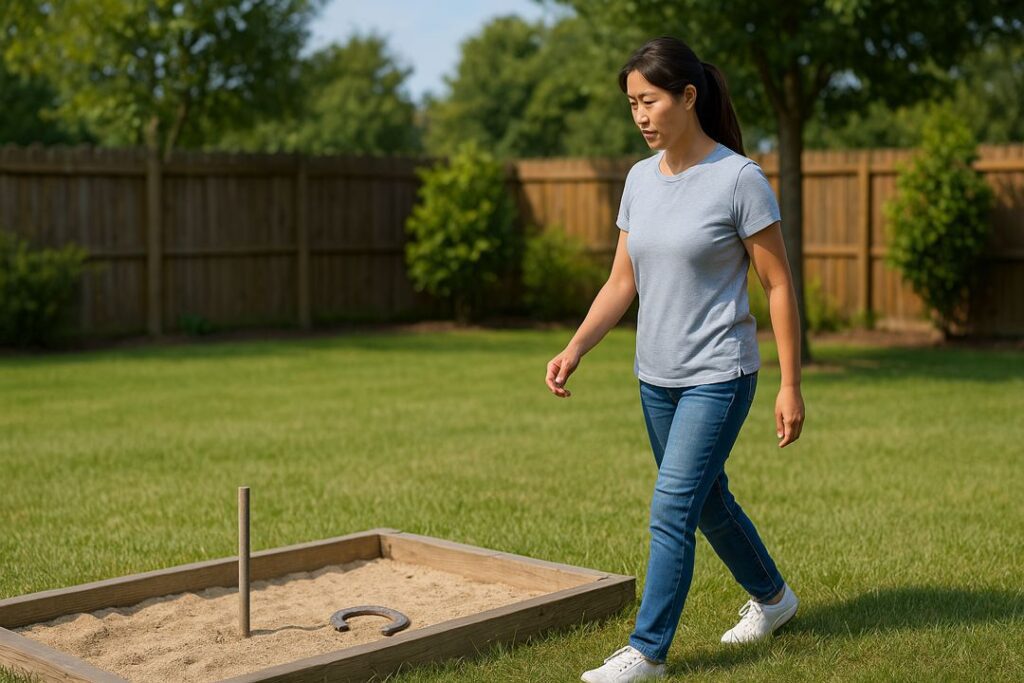 An Asian woman in her 30s walking to retrieve a horseshoe at the stake during the one-shoe drill, training alone outdoors.