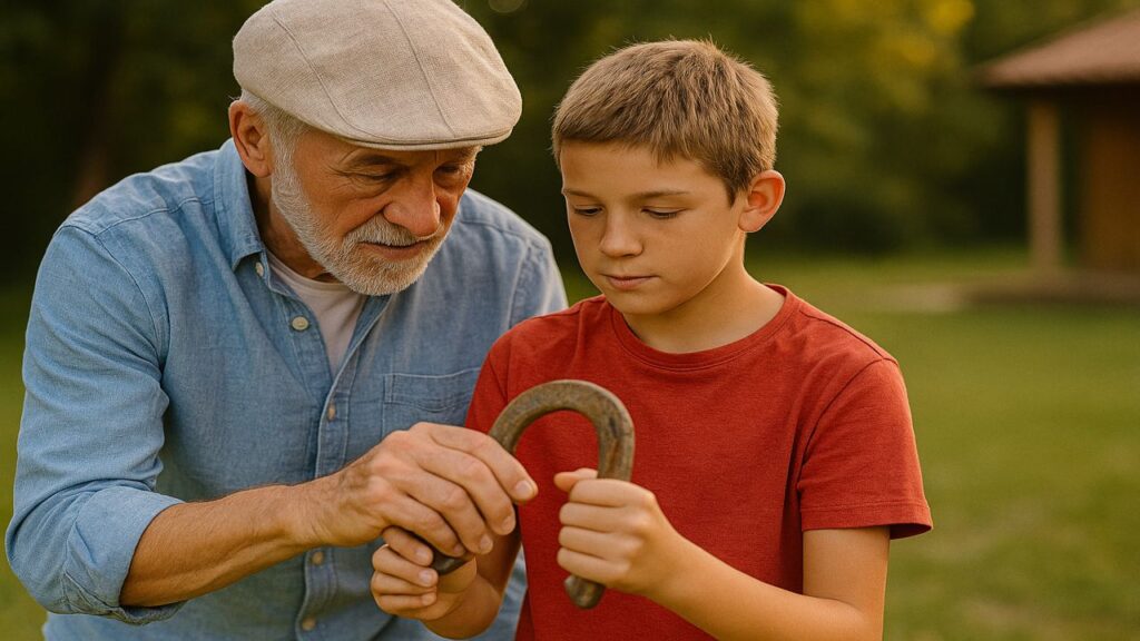 Close-up of a grandfather guiding a child’s hands on a horseshoe near the stake in a backyard.
