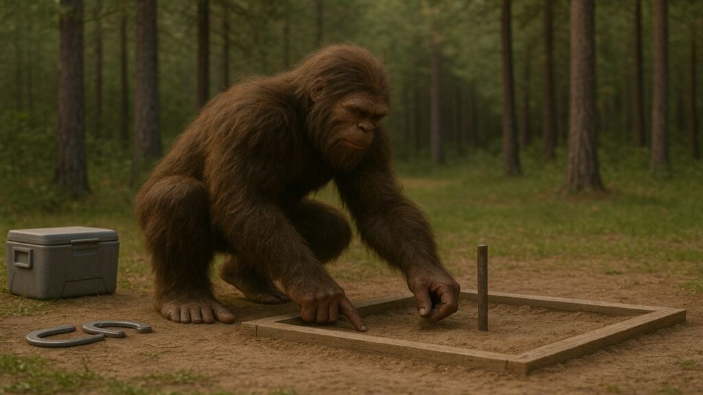 Bigfoot kneeling beside a horseshoe pit adjusting the stake with a muted cooler and horseshoes nearby.