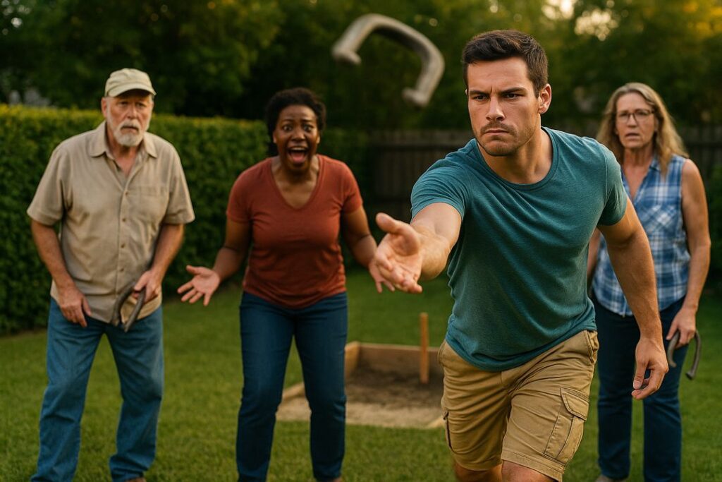 A focused man tossing a horseshoe while others cheer and react with excitement during a backyard game.