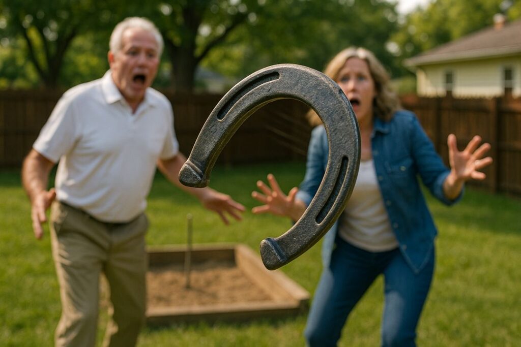 A horseshoe spins mid-air toward two surprised players near a backyard pit at sunset.