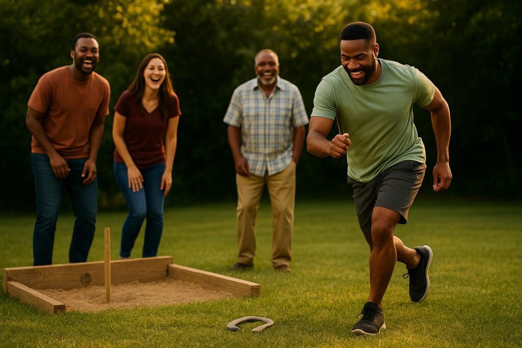 A man jogs toward a missed horseshoe while three friends laugh near the pit during a sunny backyard game.