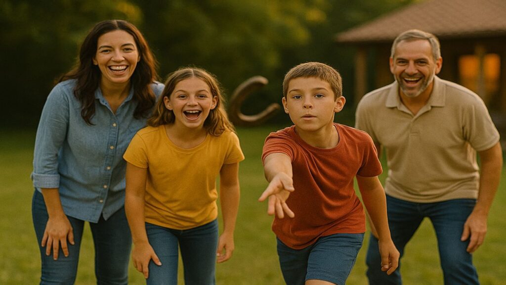 Horseshoe in flight toward the stake with family cheering in the background during an evening game.
