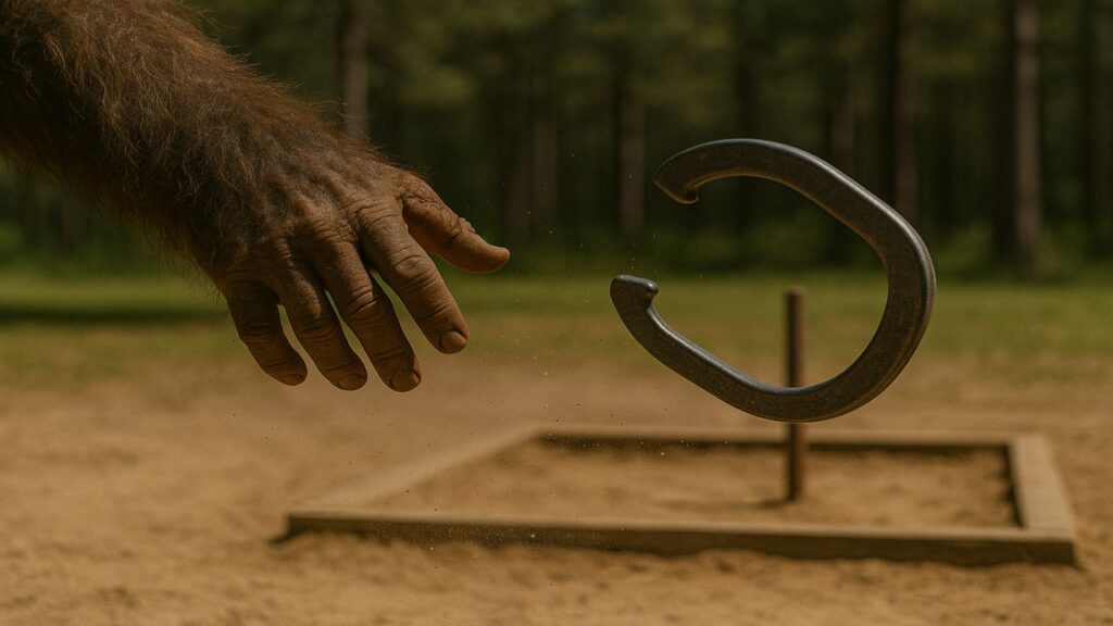 Close-up of Bigfoot’s large hand releasing a spinning horseshoe mid-air with sand particles flying.