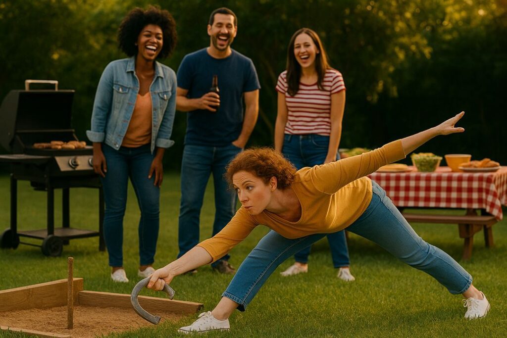 A woman playfully stretches before picking up a horseshoe as friends laugh by the grill and picnic table in warm afternoon light.