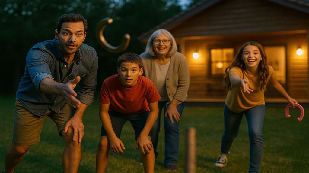 Grandparents, parents, and kids smiling around a backyard pit after a friendly match.