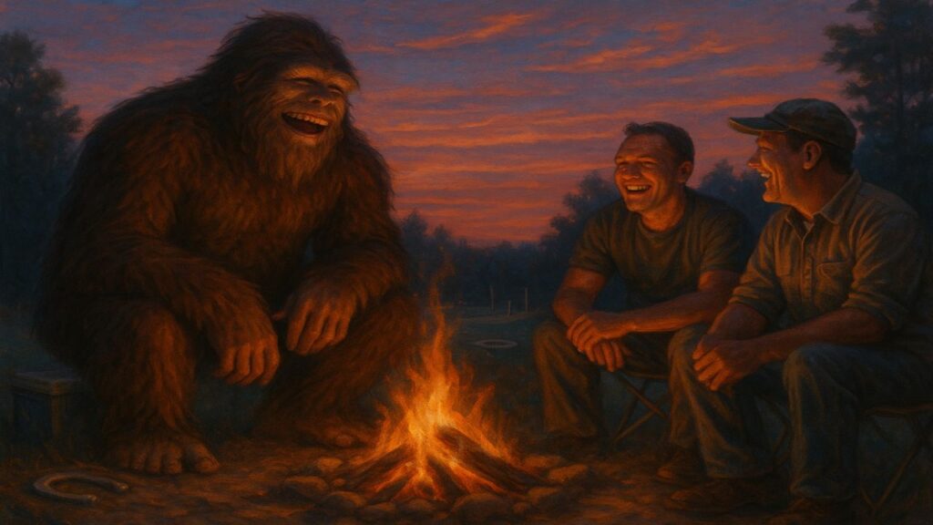 Bigfoot laughing with human friends around a campfire after a horseshoe match at twilight.