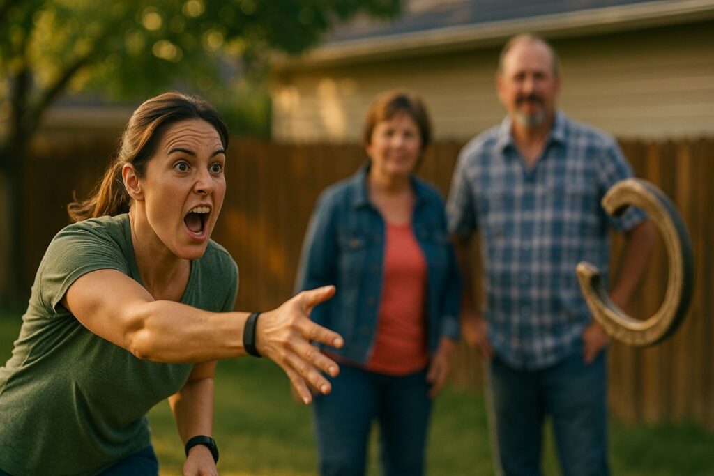 A woman intensely focused as she releases a horseshoe mid-throw while others watch from the background in golden light.