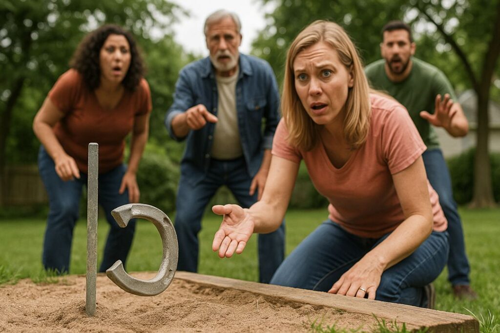 Four players lean over a horseshoe pit, shocked at a bent horseshoe lodged beside the stake.