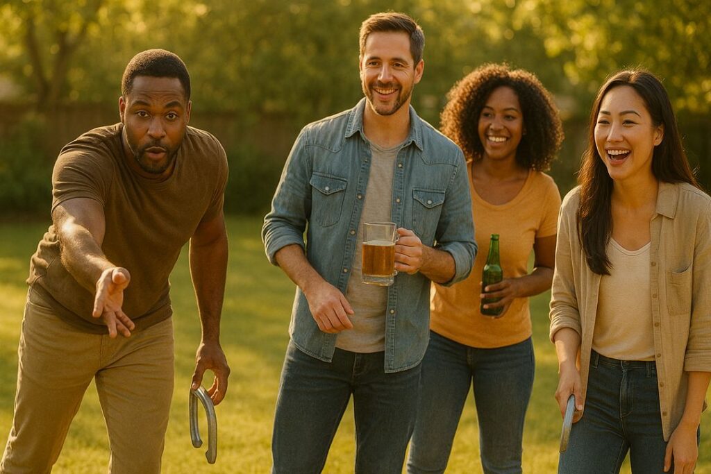 Friends enjoying a backyard horseshoe game in golden-hour light, smiling with drinks in hand.