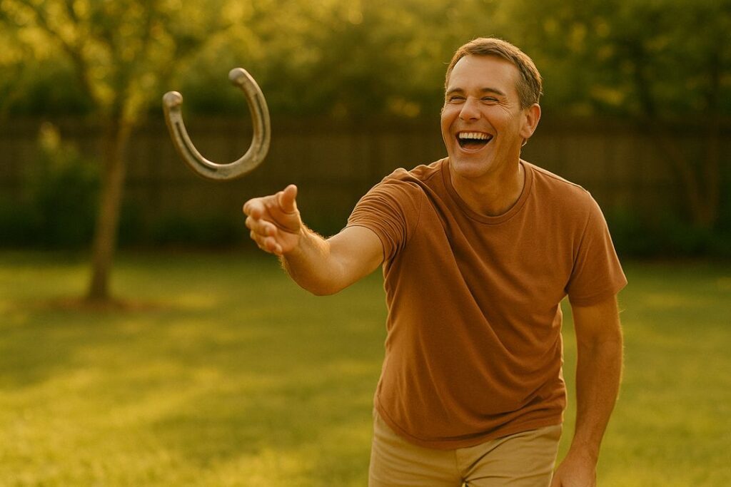 A middle-aged man focuses as he pitches a horseshoe in a sunny backyard during golden hour, surrounded by warm light.