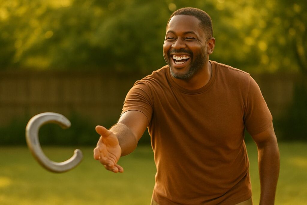 An African American man laughing while tossing a horseshoe in a backyard during golden hour, sunlight reflecting off the metal shoe.