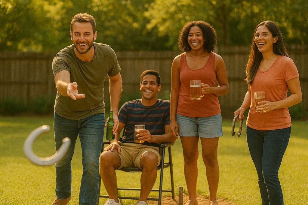 Different group of friends playing backyard horseshoes and holding drinks at golden hour.