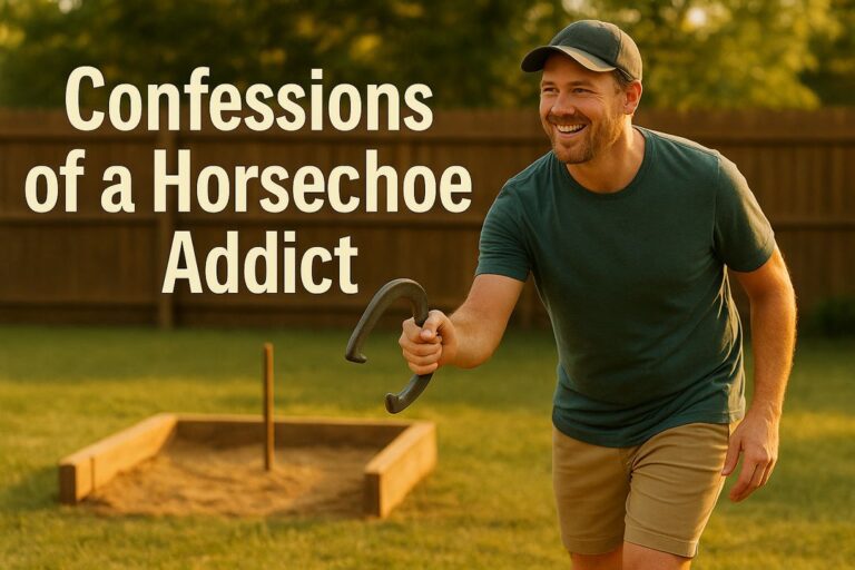 A smiling man pitching a horseshoe in a backyard pit at golden hour with text reading “Confessions of a Horseshoe Addict.”