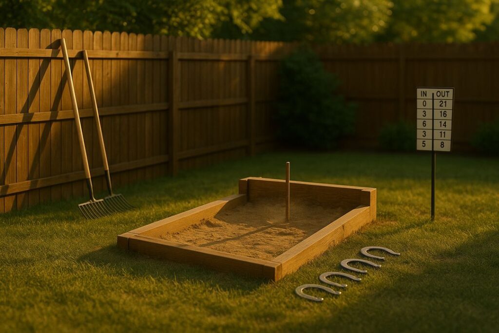 A well-built backyard horseshoe pit with extra shoes, rakes, and a scoreboard lit by warm golden-hour sunlight.