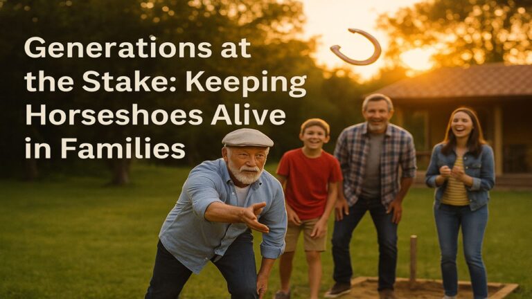 Three generations playing horseshoes at sunset; grandfather pitching while family watches, title text overlay.