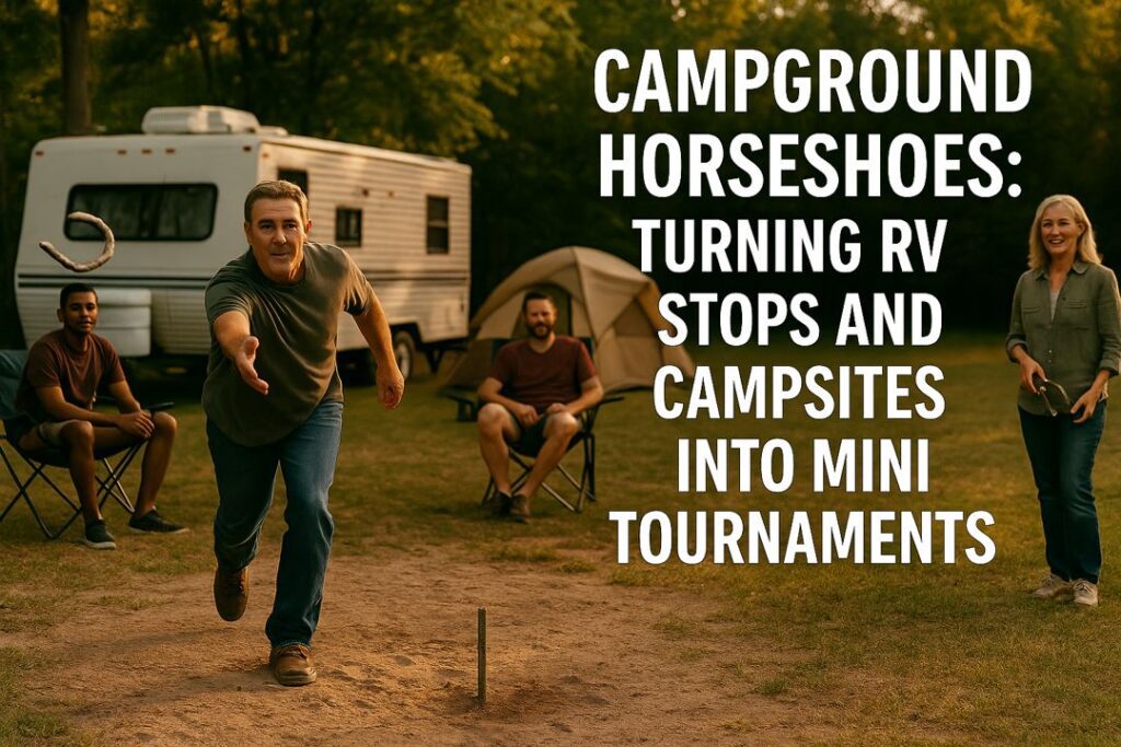 Campers playing horseshoes near RVs and tents at a sunny campground, friendly and relaxed outdoor setting.