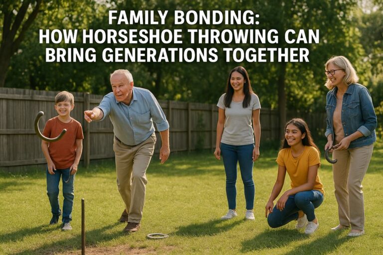 A multigenerational family playing horseshoes in a sunny backyard, grandparents, parents, and children smiling and laughing together with the title “Family Bonding: How Horseshoe Throwing Can Bring Generations Together.”