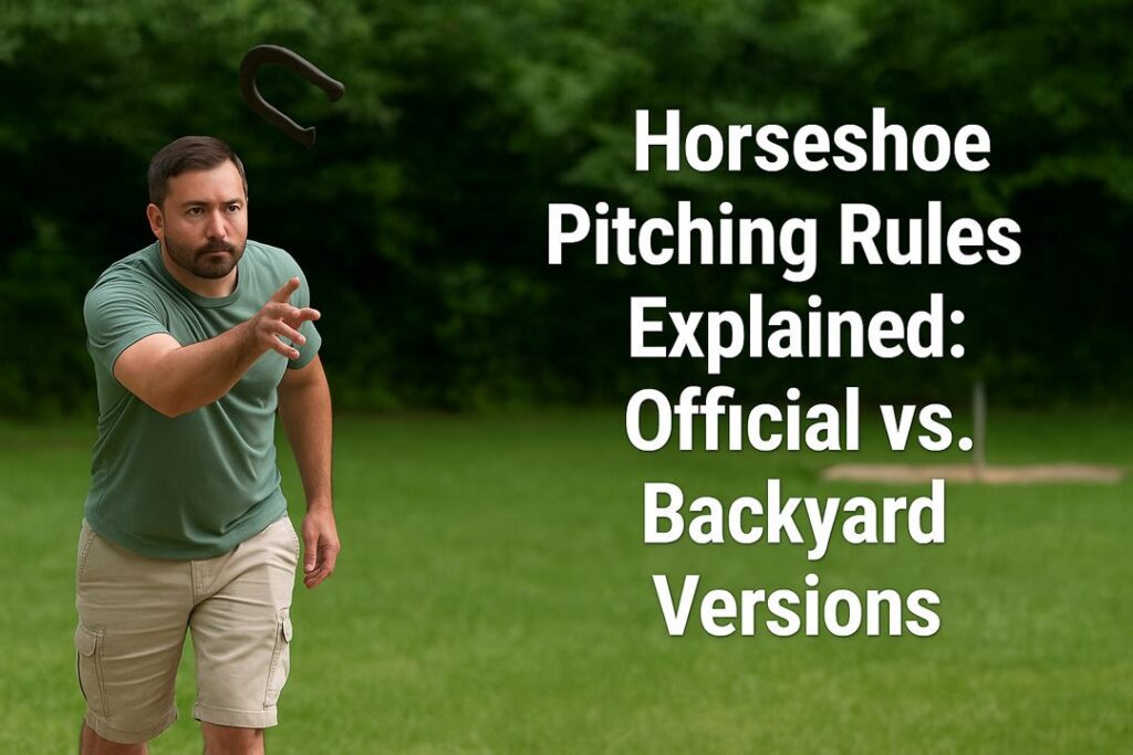 A middle-aged man pitching a horseshoe on a sunny day, with the article title overlaid, representing both official and backyard play.