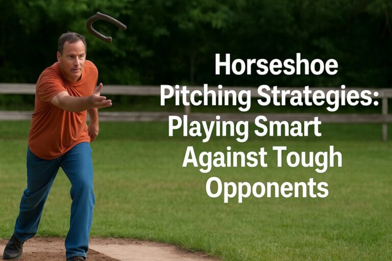 A focused player mid-throw during a competitive backyard horseshoe match, bright sunlight, showing concentration and balance.