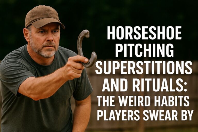 A focused horseshoe player mid-throw at a backyard pit, symbolizing horseshoe pitching superstitions and rituals.