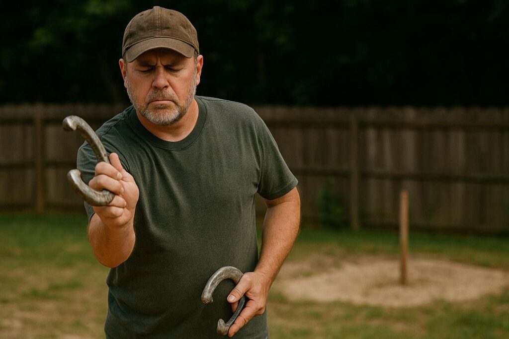 A player concentrating before tossing a horseshoe, representing mental rituals and focus in the game.