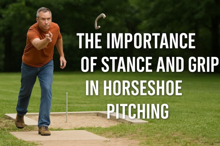 A focused player pitching a horseshoe mid-throw in a backyard pit, demonstrating proper stance and grip technique.