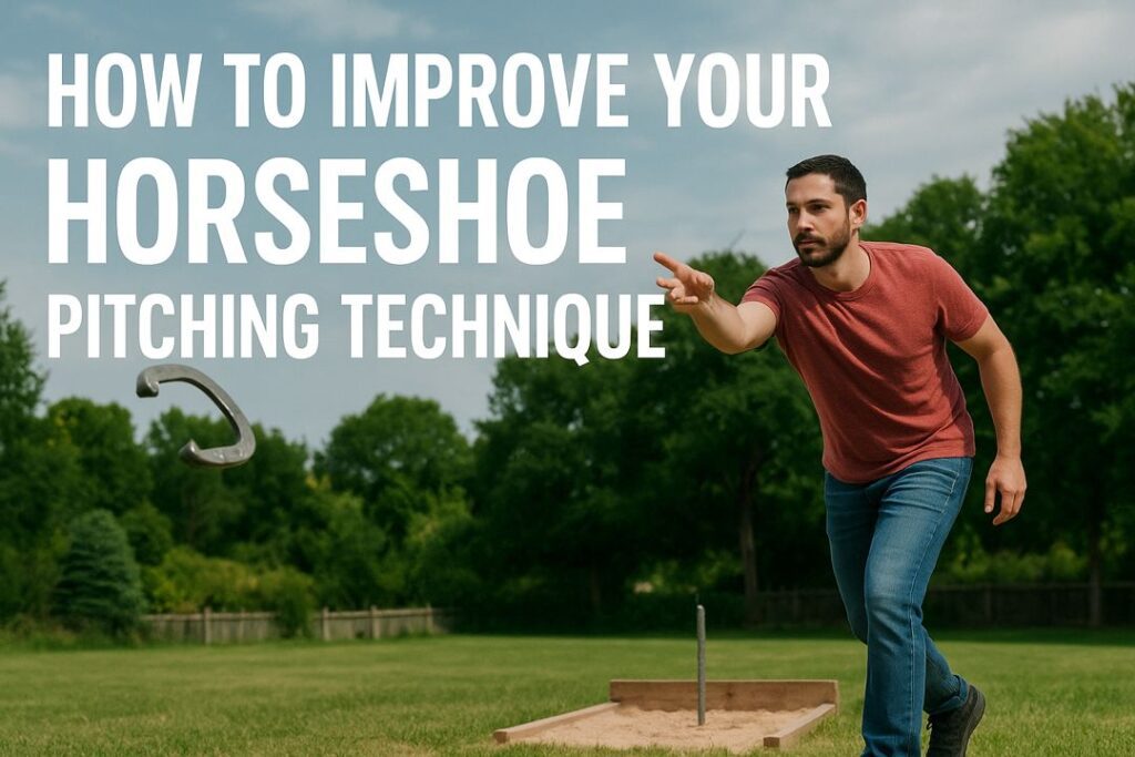 A focused man mid-throw at a backyard horseshoe pit, horseshoe flying toward the stake, with overlay text “How To Improve Your Horseshoe Pitching Technique.”