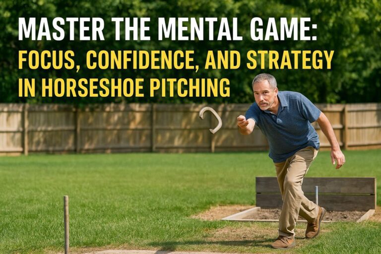 A middle-aged man mid-throw at a backyard horseshoe pit, horseshoe flying toward the stake, illustrating mental focus and strategy.