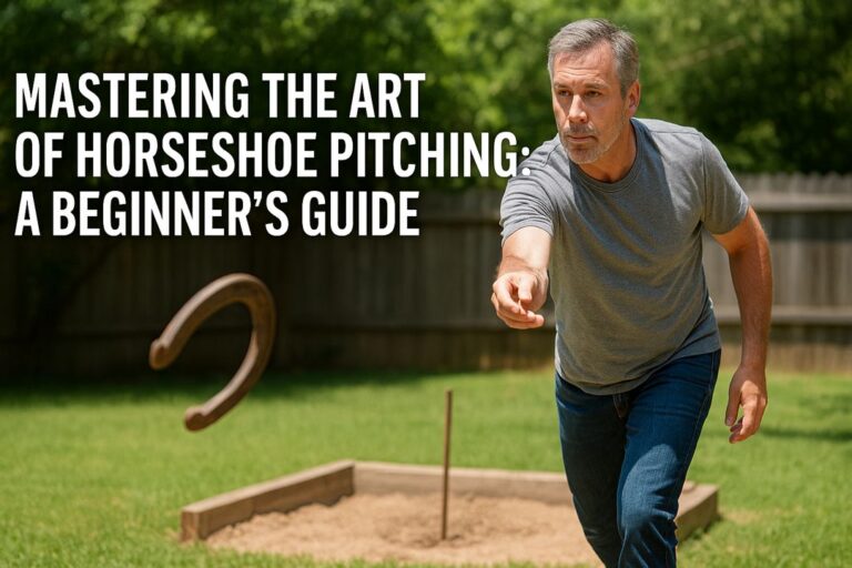 A focused middle-aged man pitching a horseshoe mid-throw at a backyard pit under bright daylight with the article title “Mastering the Art of Horseshoe Pitching: A Beginner’s Guide” displayed on screen.