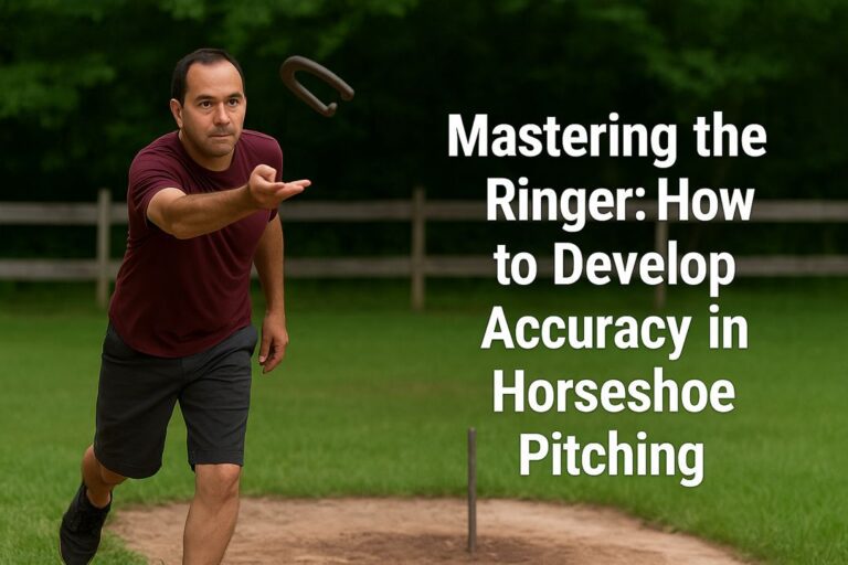 A focused horseshoe player mid-throw aiming toward the stake in a sunny backyard, representing accuracy and control.