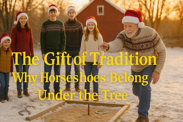 A family wearing Santa hats plays horseshoes in the snow at sunset, celebrating a warm Christmas tradition.