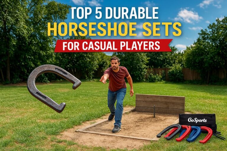 Backyard horseshoe game with durable steel horseshoes mid-air toward a stake, players enjoying casual play in bright outdoor light.