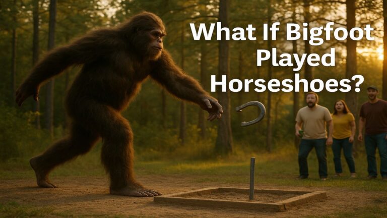 Bigfoot pitching a horseshoe in a forest clearing while friends watch in amazement during golden hour.
