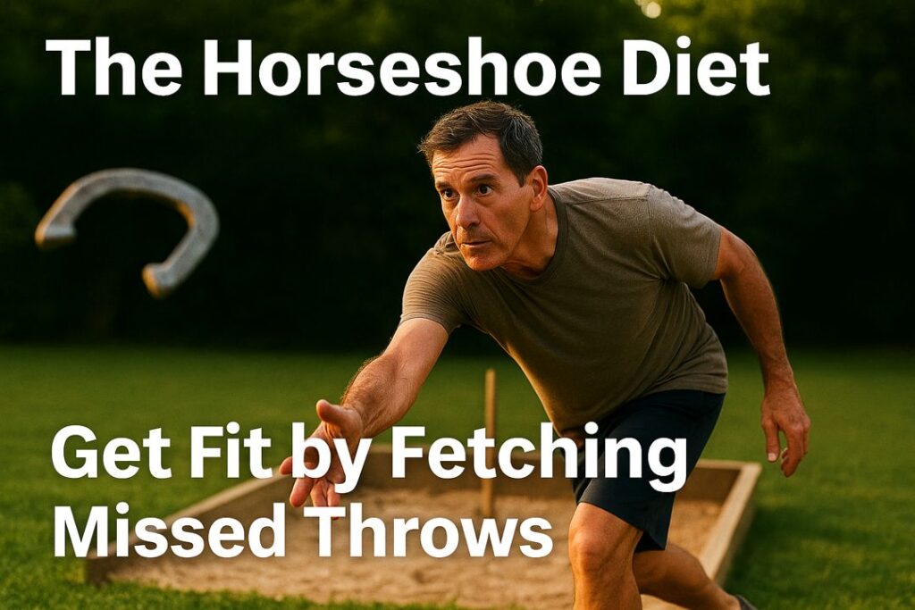 A focused man throws a horseshoe toward a backyard stake at sunset, with large white title text reading “The Horseshoe Diet: Get Fit by Fetching Missed Throws.”
