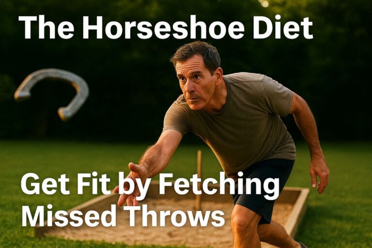 A focused man throws a horseshoe toward a backyard stake at sunset, with large white title text reading “The Horseshoe Diet: Get Fit by Fetching Missed Throws.”
