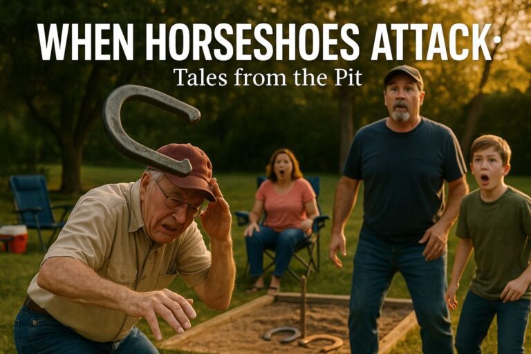 A horseshoe flies toward startled backyard players as they duck and react during a tense game moment.