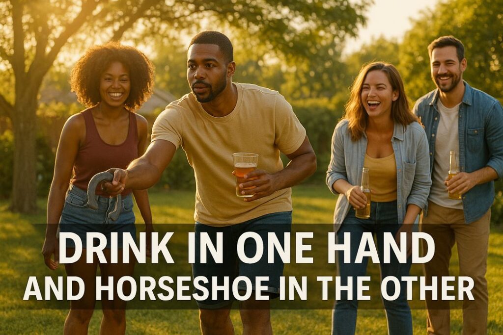 Friends enjoying a backyard horseshoe game in golden-hour light, smiling with drinks in hand.