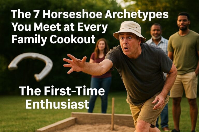 A man in a bucket hat enthusiastically throwing a horseshoe at a family cookout while others watch and laugh in the background.