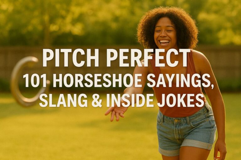 A smiling woman tossing a horseshoe in a sunny backyard with the title text 'Pitch Perfect: 101 Horseshoe Sayings, Slang & Inside Jokes' overlaid in bold letters